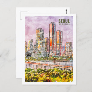Seoul South Korea Famous Travel Watercolor Sketch Postcard