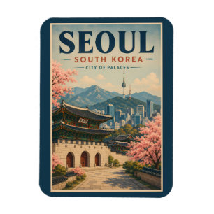 Seoul South Korea Illustration Travel Art Vintage Magnet