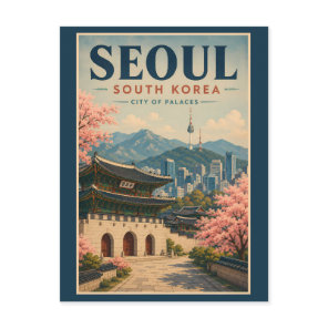 Seoul South Korea Illustration Travel Art Vintage Postcard