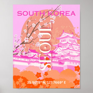 Seoul South Korea Travel Art, Pink Poster