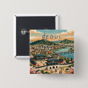 Seoul South Korea Travel Art Vintage Button