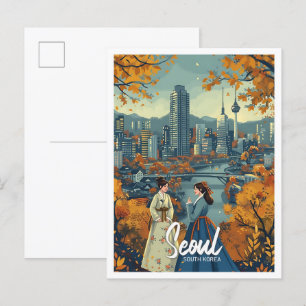 Seoul South Korea Vintage Art Travel Illustration Postcard
