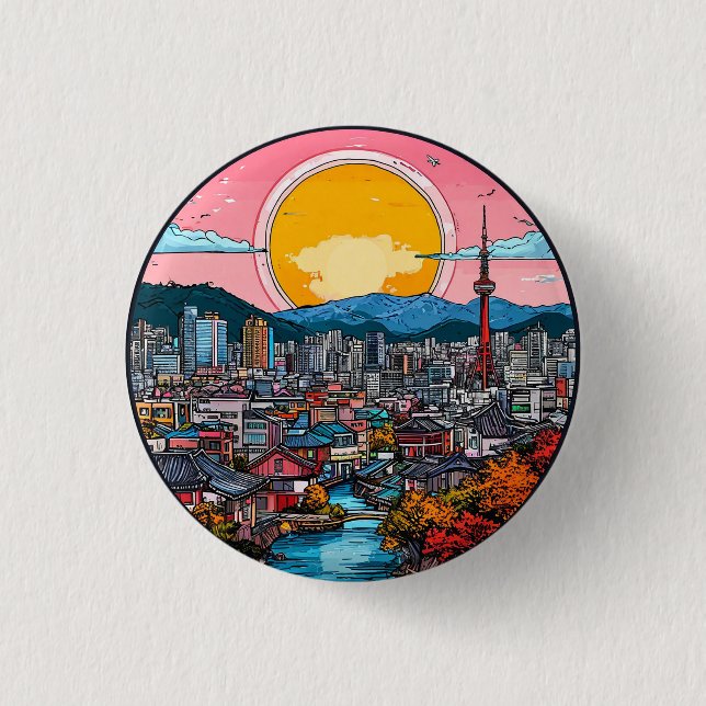 Seoul Vibrant Urban Skyline Button (Front)