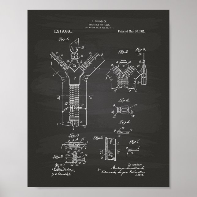 Separable Fastener 1917 Patent Art Chalkboard Poster (Front)