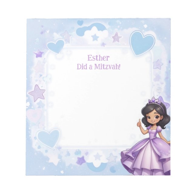 Sephardi Princess Blue Purple Personalized Mitzvah Notepad (Front)
