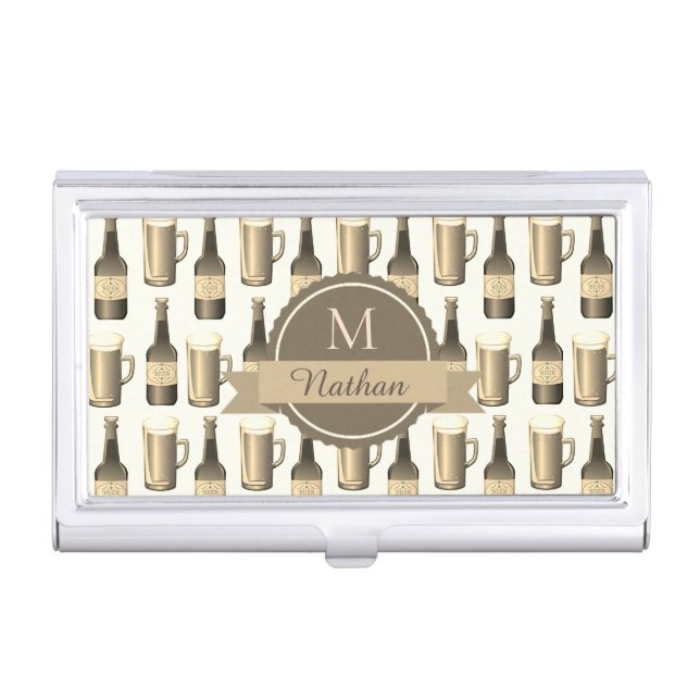 Sepia Beer Glasses and Bottles Personalised Business Card Case (Front)