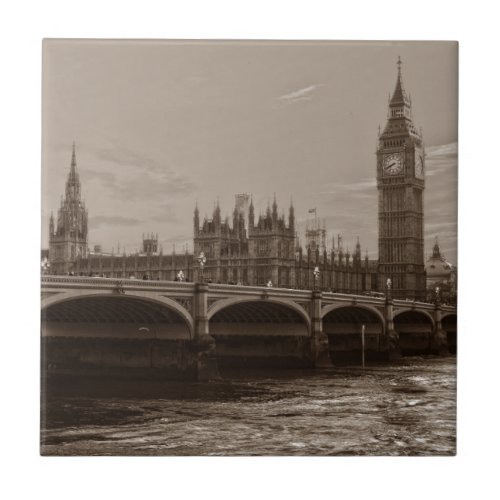 Sepia Big Ben Tower Palace of Westminster Ceramic Tile