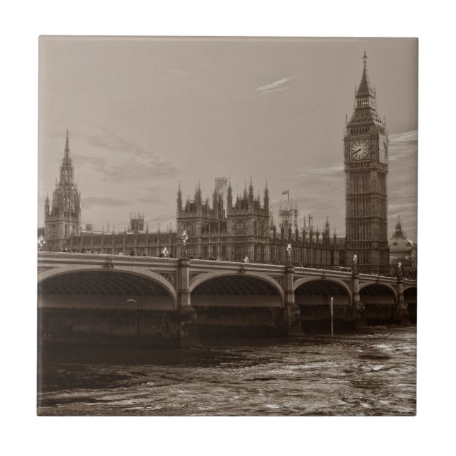 Sepia Big Ben Tower Palace of Westminster Ceramic Tile (Front)