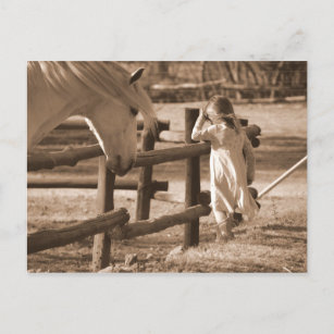 Sepia Black and White Horse and Child Postcard
