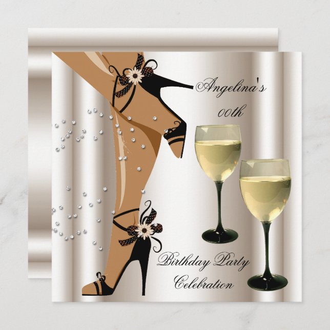 Sepia Black Shoes Wine Glass Birthday Party Invitation (Front/Back)
