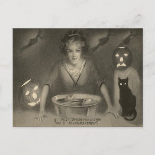 Sepia Bobbing For Apples Black Cat Pumpkin Postcard