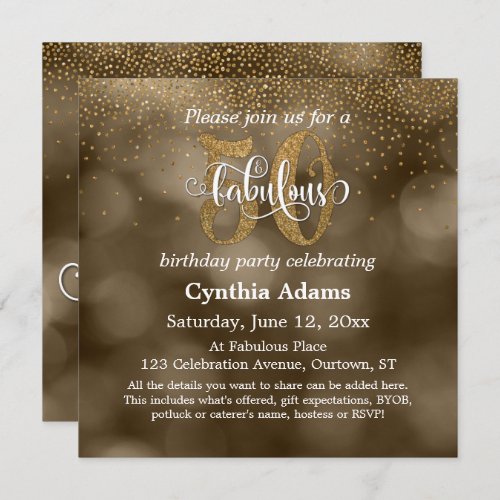 Sepia Bokeh Gold Glitter  Script 50  Fabulous Invitation