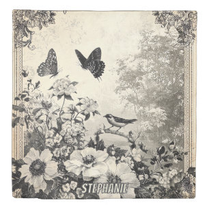 Sepia Botanical Birds Butterflies Vintage Duvet Cover