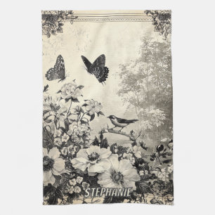 Sepia Botanical Birds Butterflies Vintage Kitchen Towel