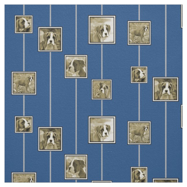 Sepia Boxer Puppy Dogs on Blue Fabric (Swatch)