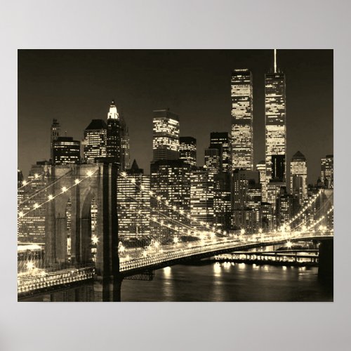 Sepia Brooklyn Bridge New York Night Poster