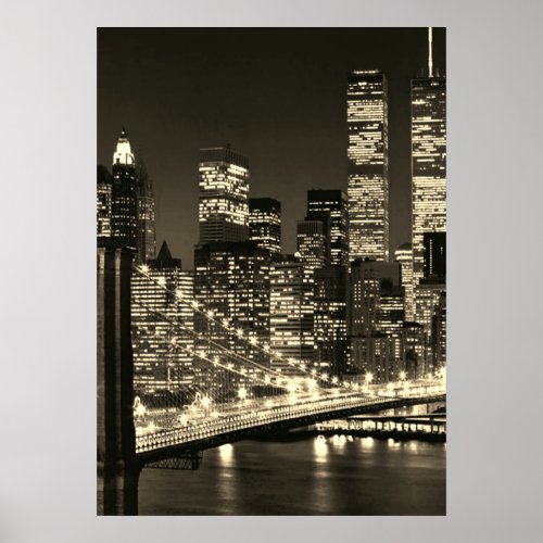 Sepia Brooklyn Bridge New York Night Poster