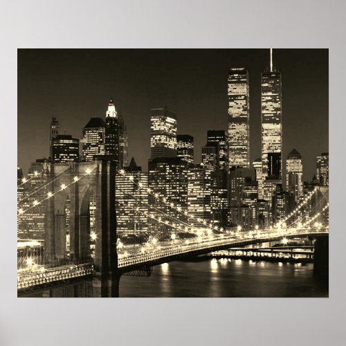 Sepia Brooklyn Bridge New York Night Vintage Retro Poster