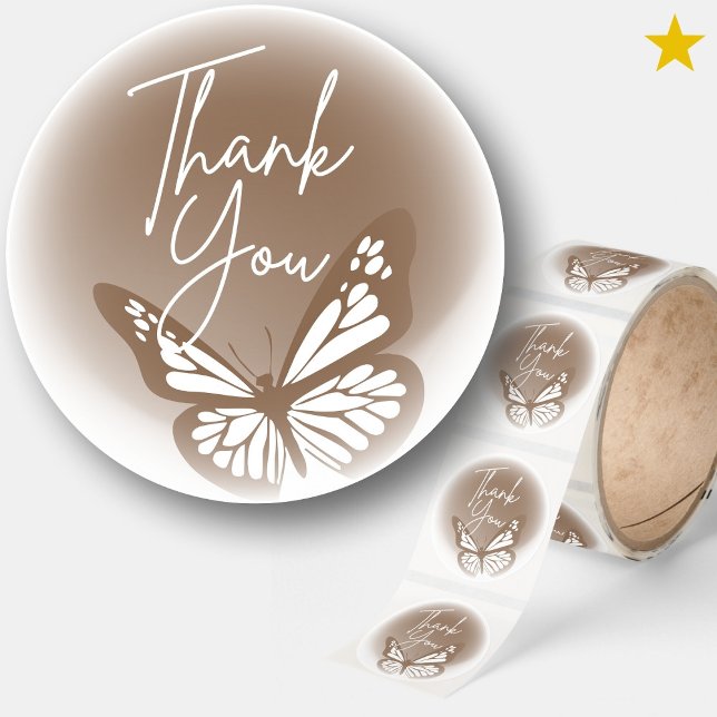 Sepia Brown Butterfly Calligraphy Script Thank You Classic Round Sticker (Creator Uploaded)