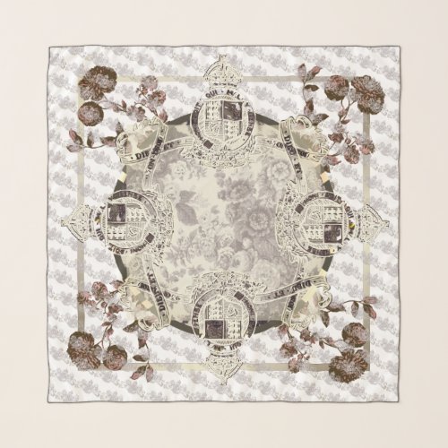 Sepia Brown Floral Coat Of Arms Hermes Style Scarf