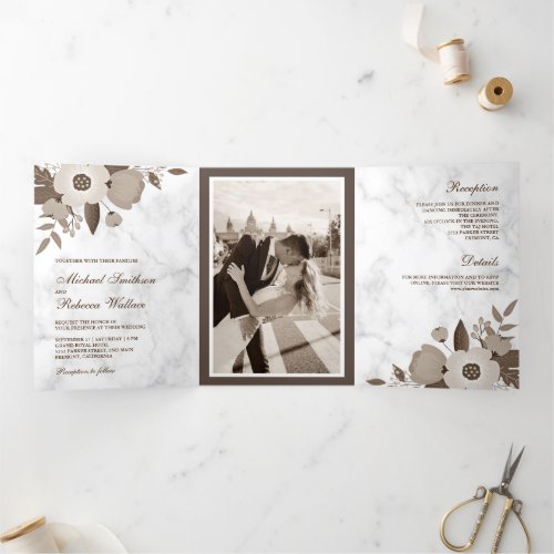 Sepia Brown Floral White Marble Photo Wedding Tri_Fold Invitation