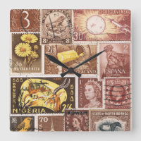 Sepia Brown Gold Wall Clock, Postage Stamp Art