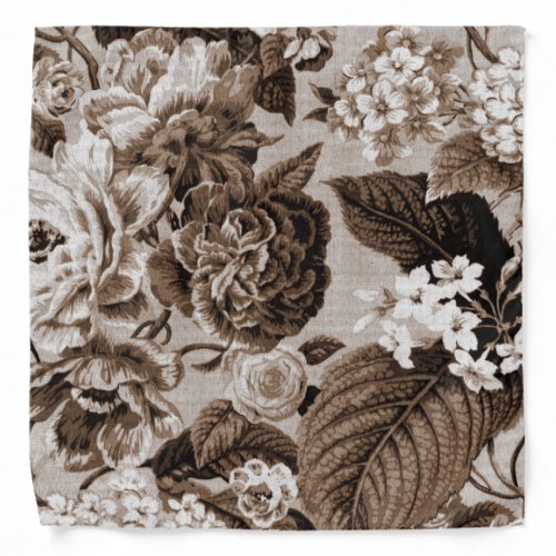 Sepia Brown Modern Vintage Floral Toile Hanky Bandana