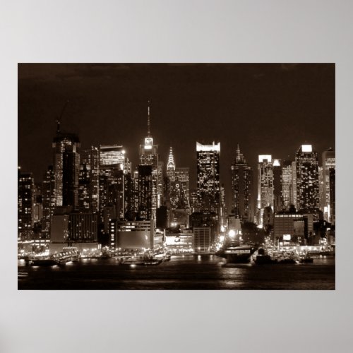 Sepia Brown New York City Night Artwork Poster