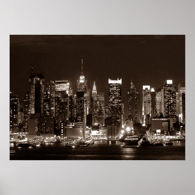 Sepia Brown New York City Night Artwork Poster (Front)