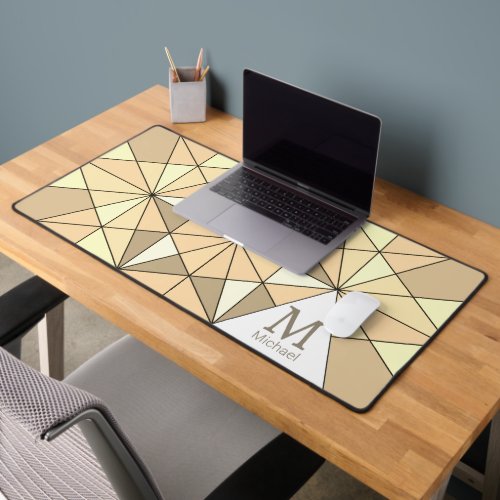 Sepia brown retro Mosaic Triangle Pattern Monogram Desk Mat