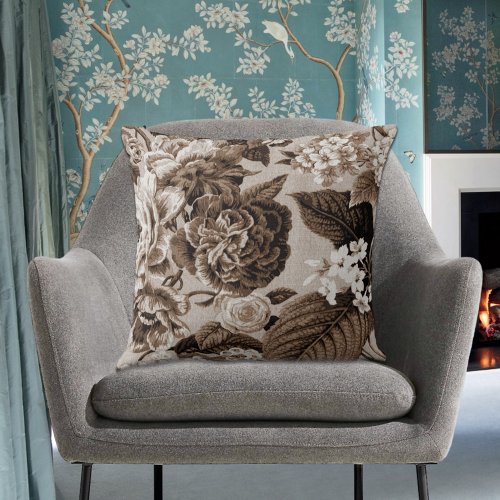 Sepia Brown Vintage Bortanical Floral Toile No1 Throw Pillow