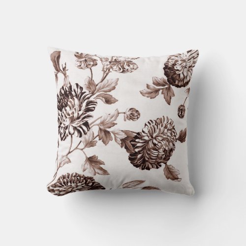 Sepia Brown Vintage Botanical Floral Toile No2 Throw Pillow