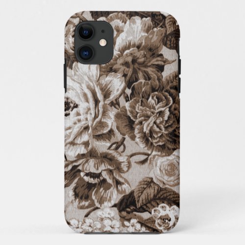 Sepia Brown Vintage Floral Toile Fabric No1 iPhone 11 Case