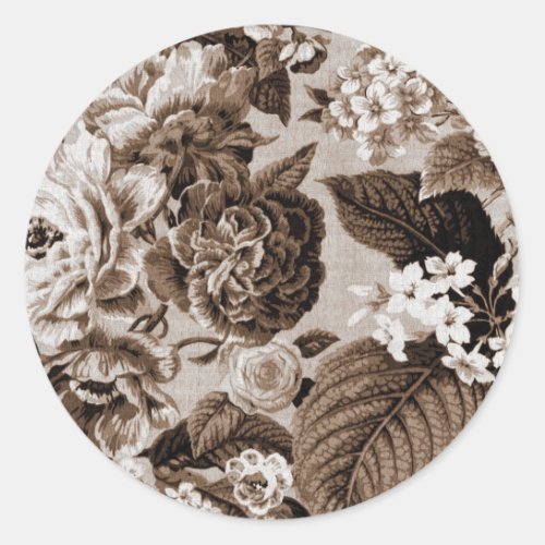 Sepia Brown Vintage Floral Toile No1 Classic Round Sticker