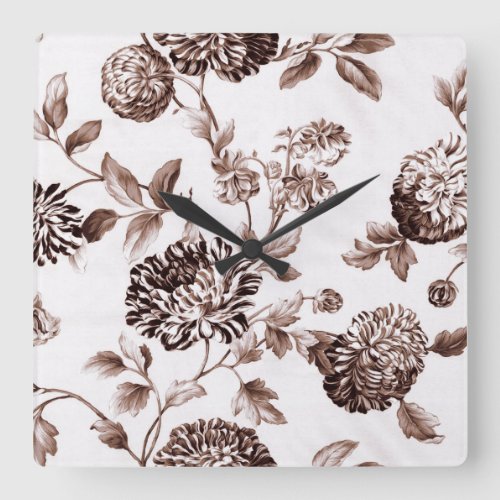 Sepia Brown Vintage Floral Toile No2 Square Wall Clock