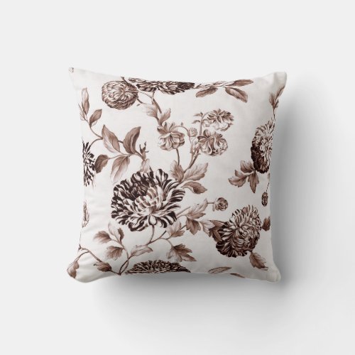 Sepia Brown Vintage Floral Toile No2 Throw Pillow