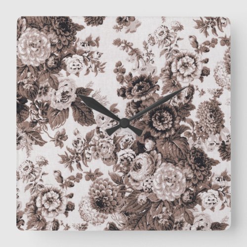 Sepia Brown Vintage Floral Toile No3 Square Wall Clock