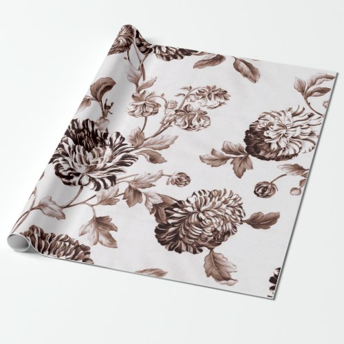 Sepia Brown White Vintage Botanical Floral Toile Wrapping Paper