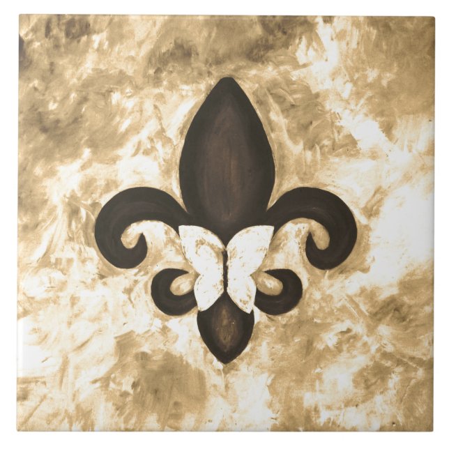 Sepia Butterfleur | Tan Butterfly on Fleur de Lis Ceramic Tile (Front)