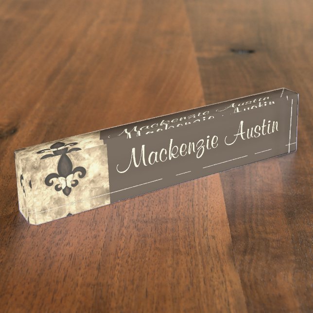 Sepia Butterfleur | Tan Butterfly on Fleur de Lis Desk Name Plate (Side)
