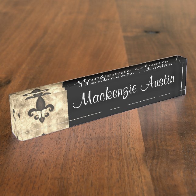 Sepia Butterfleur | Tan Butterfly on Fleur de Lis Desk Name Plate (Side)