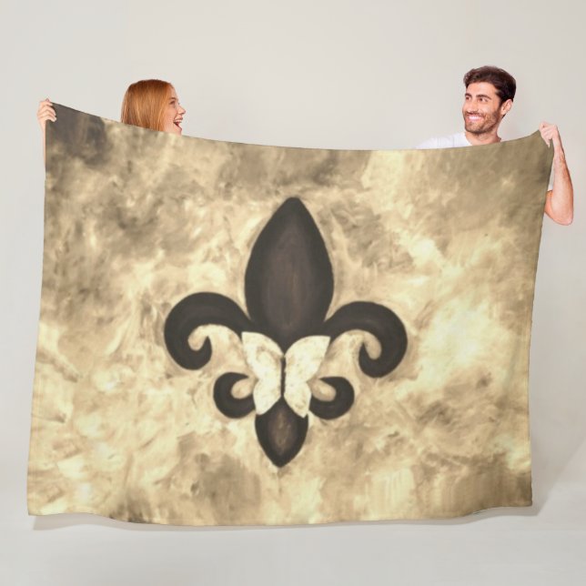 Sepia Butterfleur | Tan Butterfly on Fleur de Lis Fleece Blanket (In Situ)
