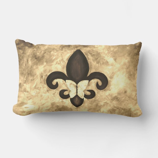 Sepia Butterfleur | Tan Butterfly on Fleur de Lis Lumbar Pillow (Front)