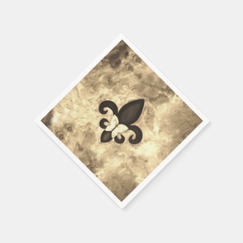 Sepia Butterfleur  Tan Butterfly on Fleur de Lis Paper Napkins