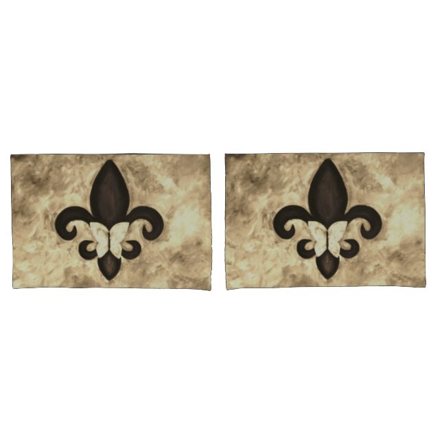 Sepia Butterfleur | Tan Butterfly on Fleur de Lis Pillow Case (Front-Set)