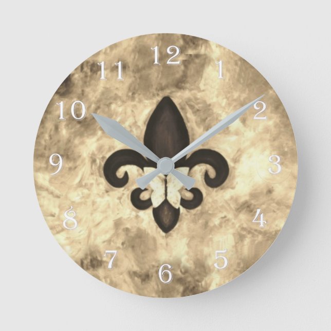 Sepia Butterfleur | Tan Butterfly on Fleur de Lis Round Clock (Front)