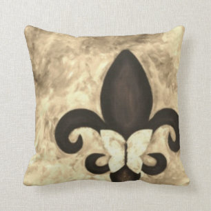 Sepia Butterfleur Tan Butterfly on Fleur de Lis Throw Pillow