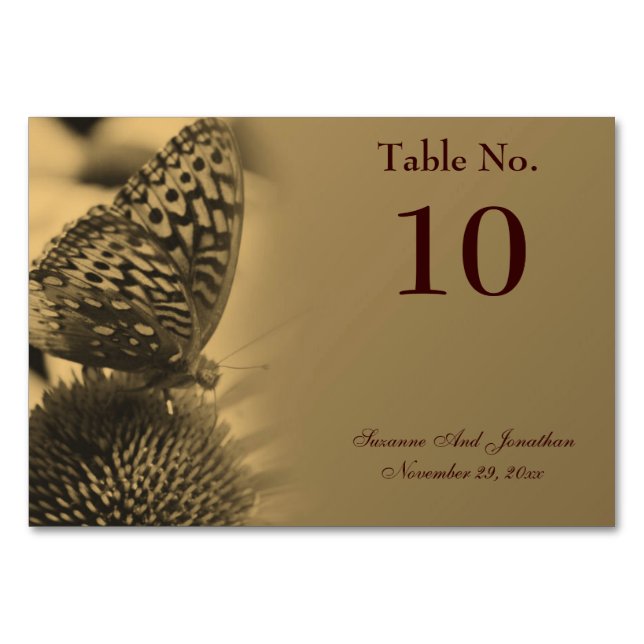 Sepia Butterfly Nature Personalized Wedding  Table Number (Front)