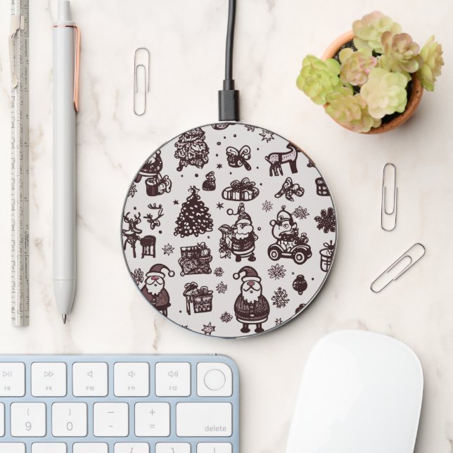 Sepia Christmas Pattern Wireless Charger (Desk)