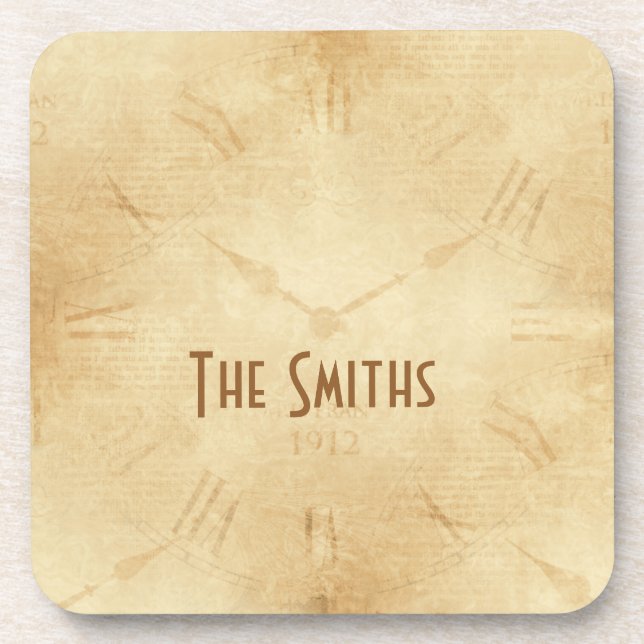 Sepia Clock Face Steampunk Beverage Coaster (Front)